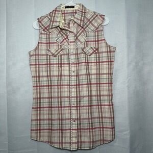 Rock 47 by Wrangler Sleeveless Shirt M Plaid Rhinestone Pearl Snap WTLH53152